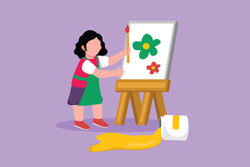 Character flat drawing pretty little girl draw on canvas. Happy child painting on easel. Smiling pretty kids with brush and paints. Creative children learn painting. Cartoon design vector illustration