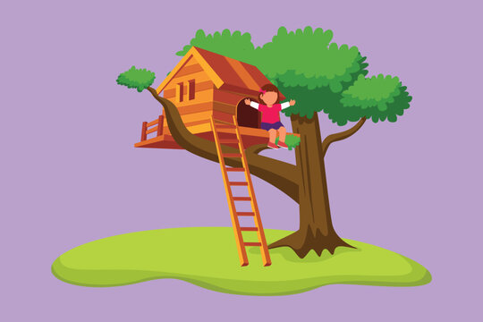 recommend clip art: Cartoon flat style drawing of child on tree house. Pretty little girl playing on children playground. Treehouse with wooden ladder, place for kids games on summer. Graphic design vector illustration