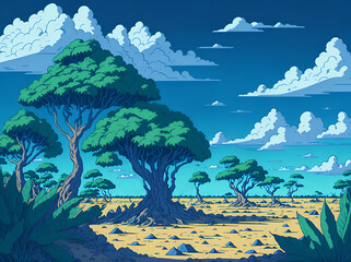Fototapeta na wymiar Digital illustration of Brazilian biomes and flora. Biodiversity of plant regions in Brazil. Grand trees and clouds. Beautiful blue sky in the background.