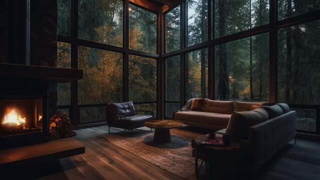 cozy rainy cabin living room ambience with fireplace and forest view