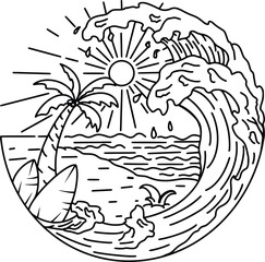 Summer beach the great wave line graphic illustration vector art t-shirt design