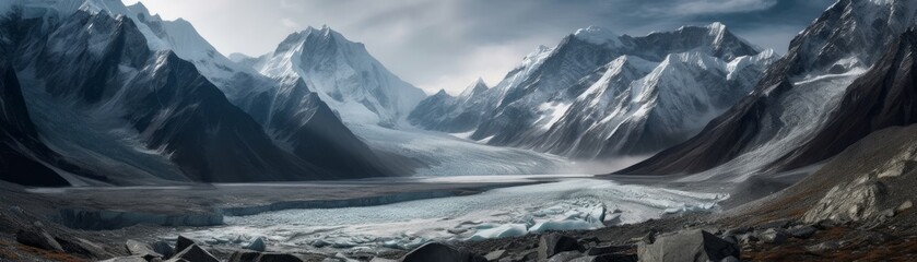 A spectacular mountain range with glaciers and snow. Horizontal banner. AI generated