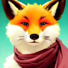 Red fox in a purple scarf illustration portrait close-up