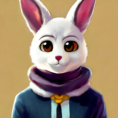 White hare in a suit and scarf close-up portrait illustration