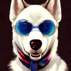 White husky dog in blue glasses and scarf portrait
