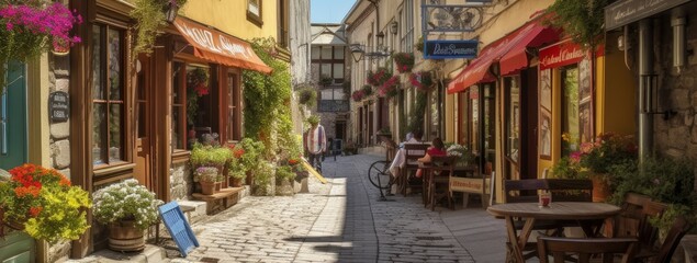 Naklejka premium A street lined with quaint shops and cafes. Horizontal banner. AI generated