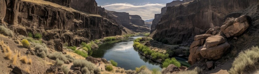A stunning canyon with rugged cliffs and a river. Horizontal banner. AI generated