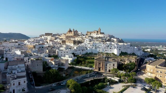 View of Ostuni white town, Brindisi, Puglia (Apulia), Italy, Europe. Old Town is Ostuni's citadel. Ostuni is referred to as the White Town. Ostuni white town skyline and church, Brindisi, Italy.