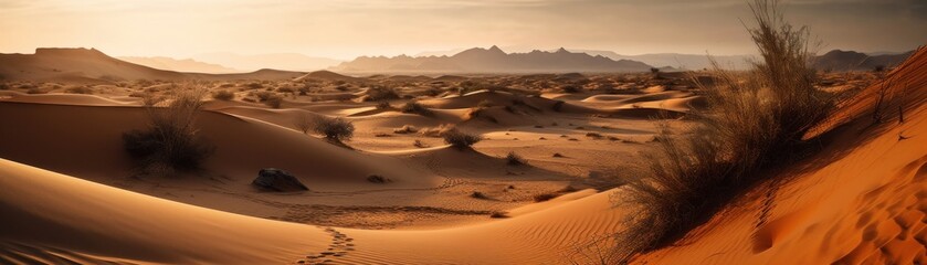 Fototapeta na wymiar A stunning desert landscape with cacti and sand dune. Horizontal banner. AI generated