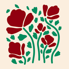 Aesthetics of Matisse's curves. Groovy abstract postcards with patterns. Flower drawings, botanical art. Fashionable organic style of naive retro hippies of the 60-70's. Mother's Day vector background