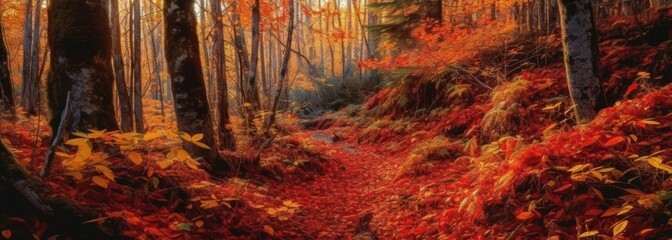 A stunning forest full of autumnal colors. Horizontal banner. AI generated