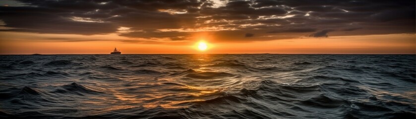 Obraz premium A stunning sunset over a calm ocean. Horizontal banner. AI generated