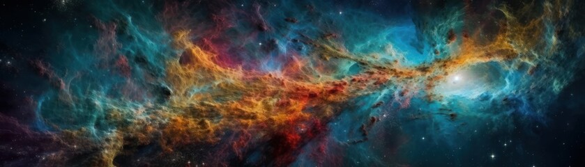A surreal galaxy with swirling colors. Horizontal banner. AI generated