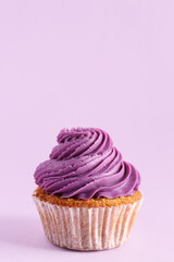 Tasty cupcake on purple background