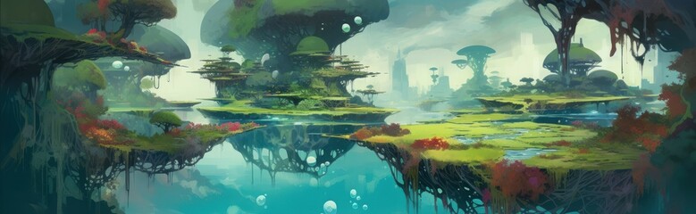 Obraz na płótnie Canvas A surreal other-worldly landscape with floating isla. Horizontal banner. AI generated