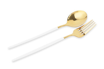 Golden spoon and fork on white background