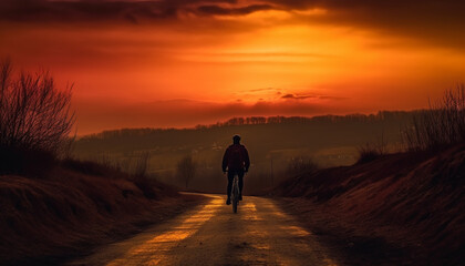 Fototapeta na wymiar Silhouette of cyclist back lit by sunset generated by AI