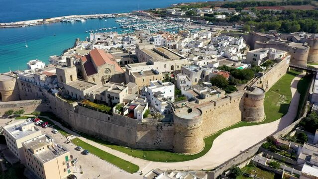 Aerial view of Otranto town on the Salento Peninsula in the south of Italy, Easternmost city in Italy (Apulia) on the coast of the Adriatic Sea. View of Otranto town, Puglia region, Italy.