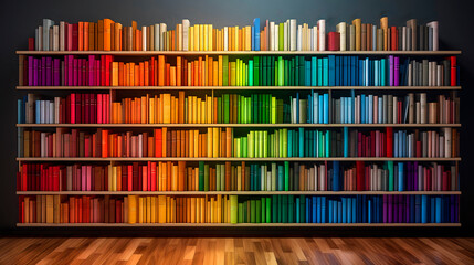 bookshelf with multi-colored books, background consisting of a huge bookshelf lined with colored books of all colors of the rainbow, bright home library background, generative ai - obrazy, fototapety, plakaty