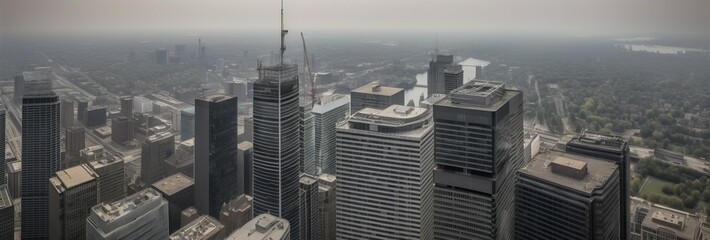 A sweeping vista of a city skyline from up high. Horizontal banner. AI generated