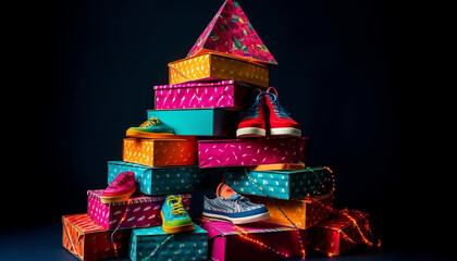 Stack of gift boxes wrapped in colorful paper generated by AI