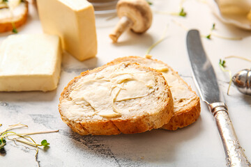 Sandwiches with processed cheese and mushrooms on grunge background