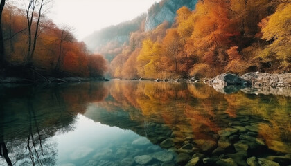 Autumn forest reflects vibrant colors in tranquil pond generated by AI