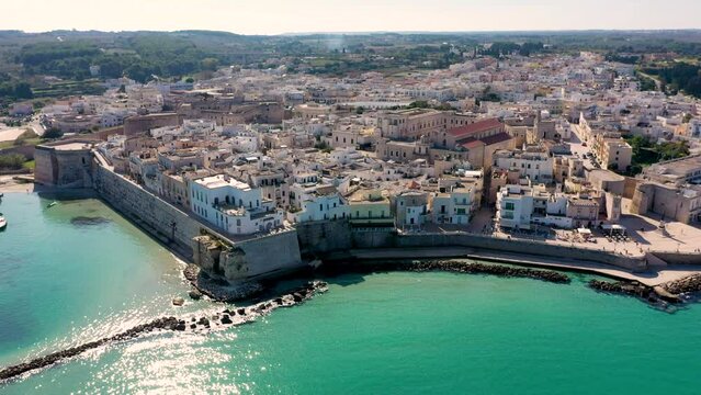 Aerial view of Otranto town on the Salento Peninsula in the south of Italy, Easternmost city in Italy (Apulia) on the coast of the Adriatic Sea. View of Otranto town, Puglia region, Italy.