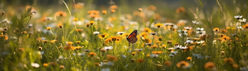 A tranquil and serene meadow with wildflowers. Horizontal banner. AI generated