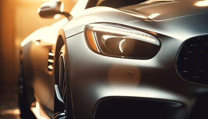 Fototapeta premium Shiny sports car speeds through illuminated city generated by AI