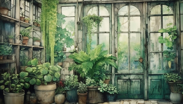 Watercolour illustration of a green hause pot plants arrangement on a wooden rustic vintage window. Greeting card or envelope artwork print project no 7.