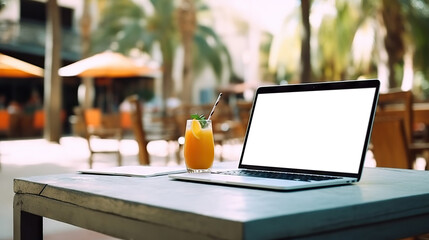 Laptop with cut out screen at sea resort. Remote work and business in palm paradise. Online purchase of air tickets and hotels. Copy space. Based on Generative AI