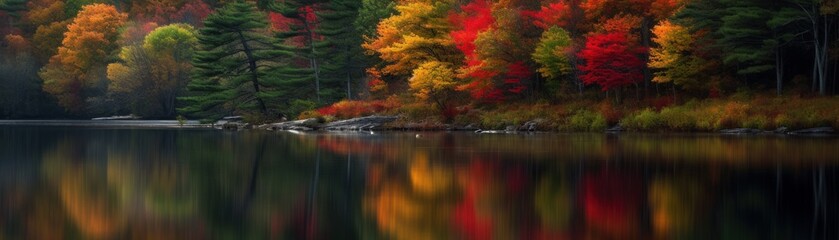 A tranquil lake surrounded by colorful foliage. Horizontal banner. AI generated