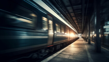 Fototapeta na wymiar Rush hour train leaving station, blurred motion generated by AI