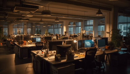 Fototapeta na wymiar Modern office design with computer equipment illuminated generated by AI