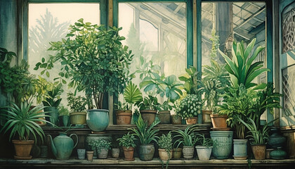 Watercolour illustration of a green hause pot plants arrangement on a wooden rustic vintage window. Greeting card or envelope artwork print project no 6.