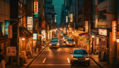 Fototapeta na wymiar Neon lights illuminate crowded city streets at night generated by AI