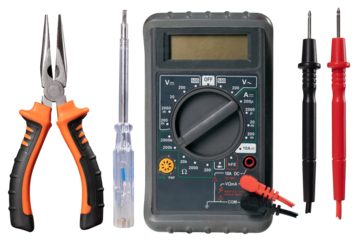 A set of three tools used by an electrician to repair the power grid. Isolated background.