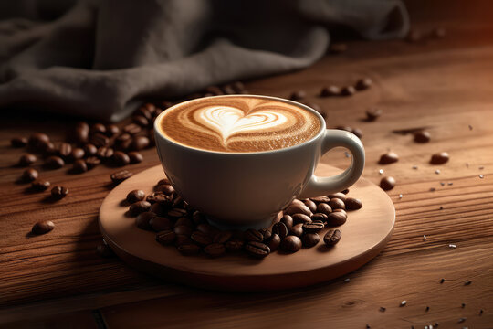 Cup of coffee latte with heart shape and coffee beans on old wooden background. Generative AI