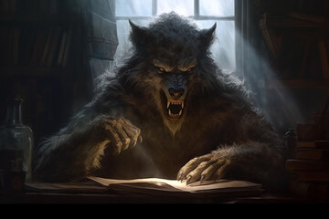 portrait of a werewolf in front of a window