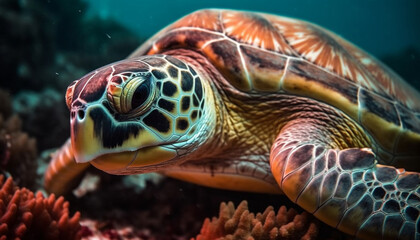 Obraz premium Multi colored sea turtle swimming in coral reef generated by AI