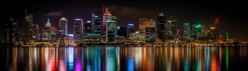 Fototapeta na wymiar A vivid city skyline at night full of twinkling ligh. Horizontal banner. AI generated