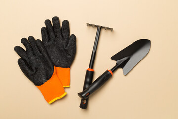 Gardening tools on color background, top view