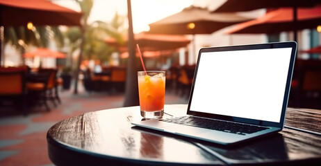 Laptop with cut out screen at sea resort. Remote work and business in palm paradise. Online purchase of air tickets and hotels. Copy space. Based on Generative AI