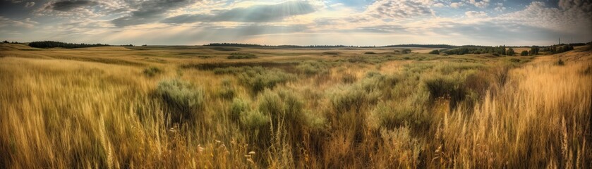 Obraz premium A wide open prairie with a feeling of boundless poss. Horizontal banner. AI generated