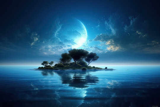 New earth nature with water, beautiful oneness bright nature blue star and siland in middle, reflection in water, Feauture Concept, Generative AI