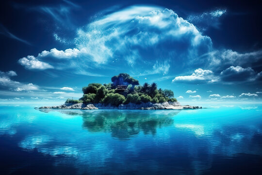 New earth nature with water, beautiful oneness bright nature blue star and siland in middle, reflection in water, Feauture Concept, Generative AI