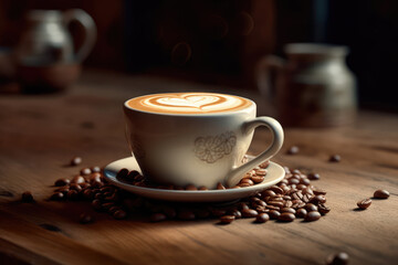 Cup of coffee latte with heart shape and coffee beans on old wooden background. Generative AI