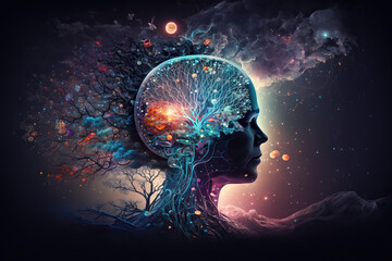 Human head with glowing neurons in brain that grow like tree. Meditation and Esoteric concept, connecting human brain and nature, Generative AI