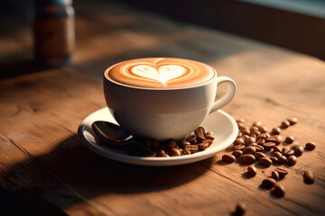 Fototapeta premium Cup of coffee latte with heart shape and coffee beans on old wooden background. Generative AI